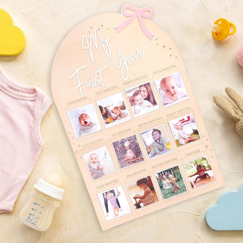 FLhdM My First Year Photo Frame Board, 1st Birthday Girl Boy Gifts, Newborn Newmom Gift, 1 Year Old Girls Gifts, One Year Birthday Party Decorations, Baby Shower Baptism Favors, 12 Months Milestone - Image 2